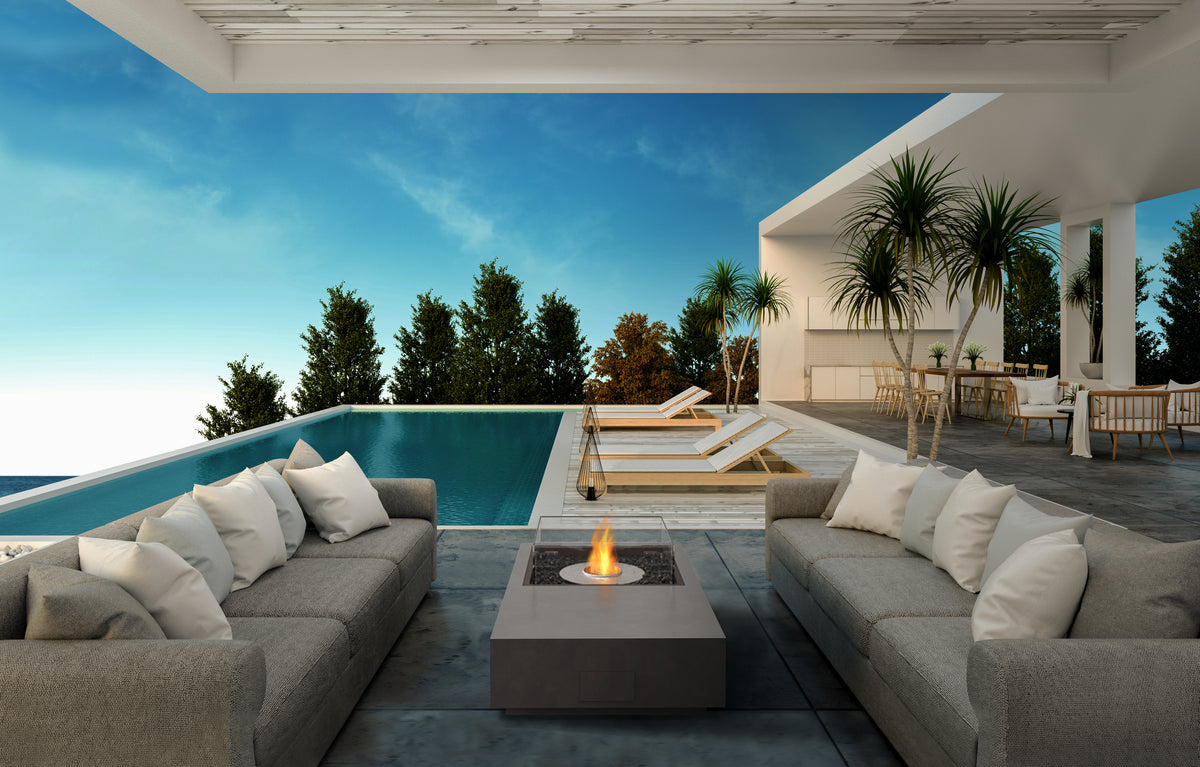 EcoSmart Fire Manhattan 50 fire table installed poolside — outdoor lifestyle