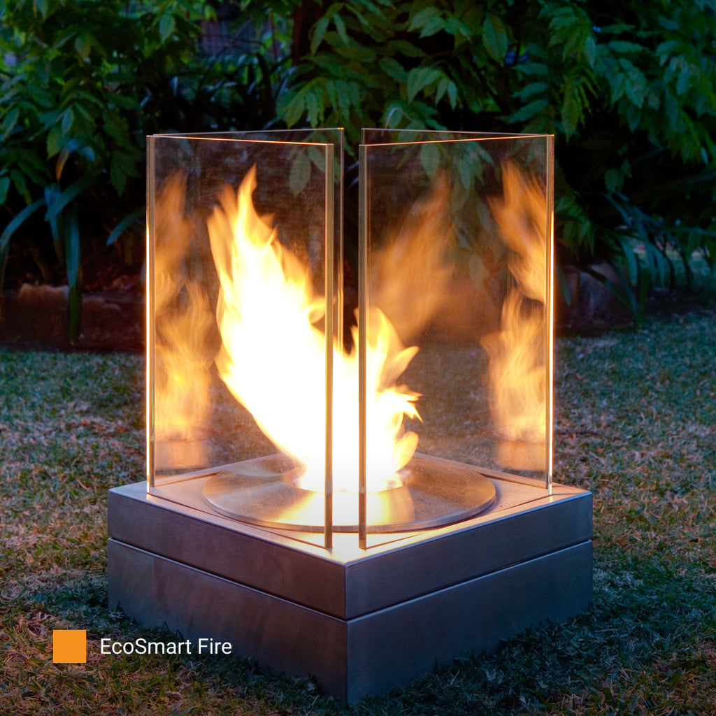 EcoSmart Fire Mini T fireplace close-up in a courtyard setting