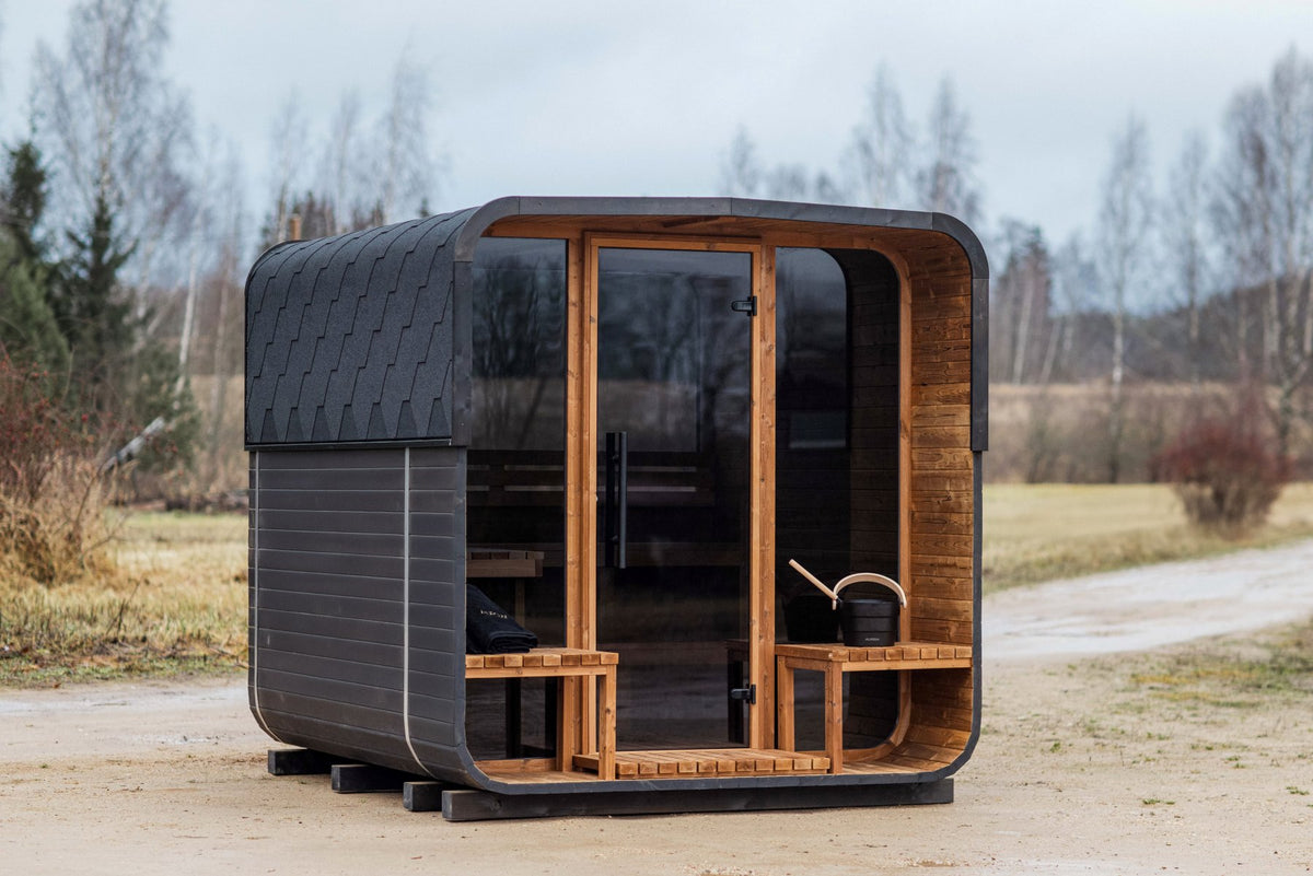 Auroom Nora brushed black barrel sauna outdoor lifestyle