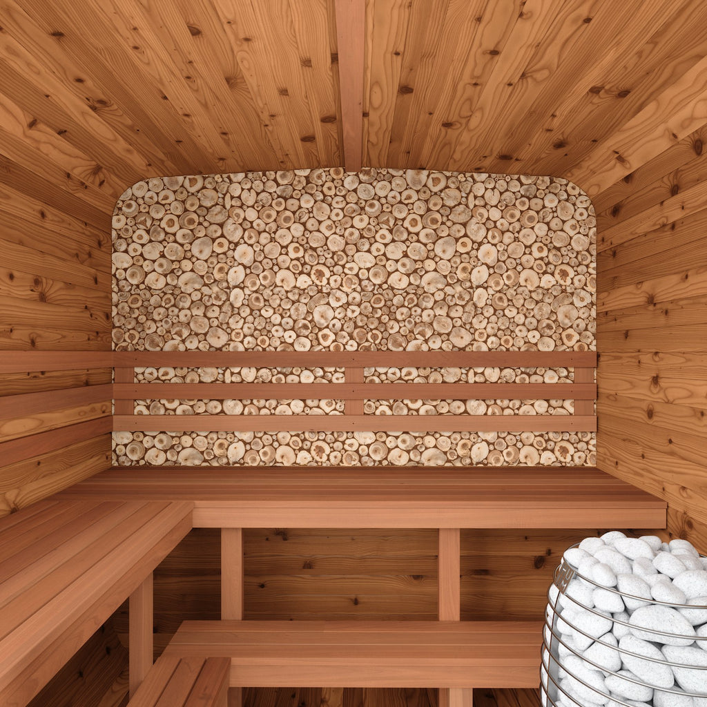 Auroom Nora sauna interior front view with juniper panels