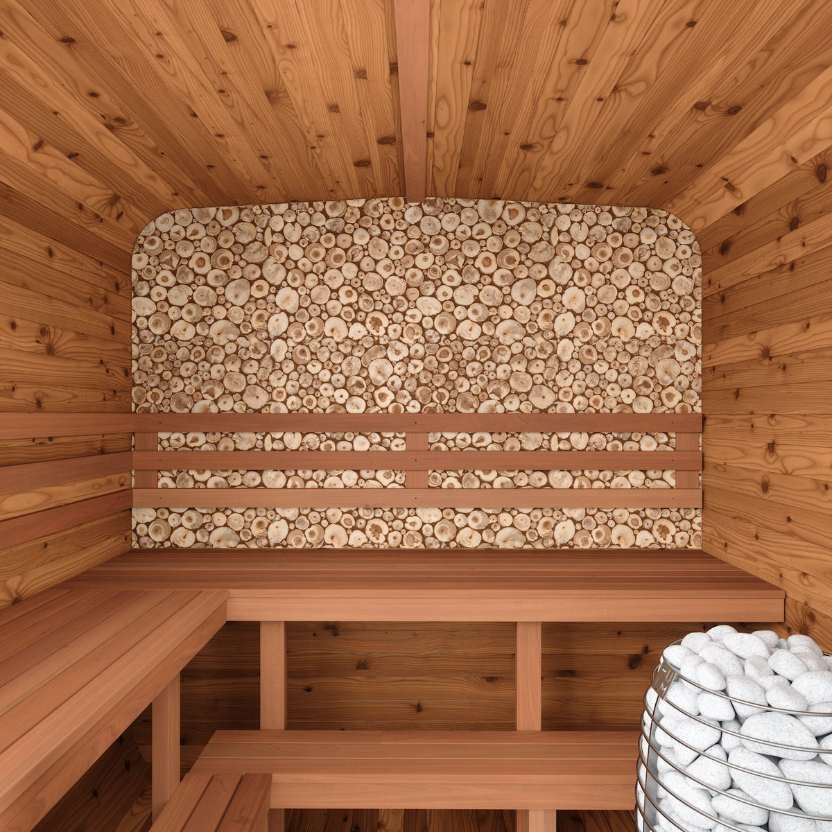 Auroom Nora sauna interior front view with juniper panels