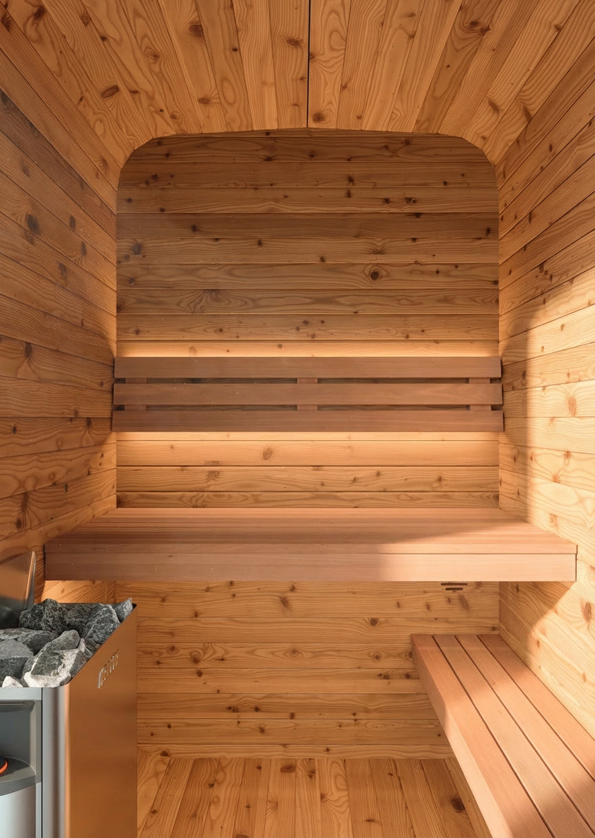 Auroom Sola 140 interior, thermo-aspen bench detail