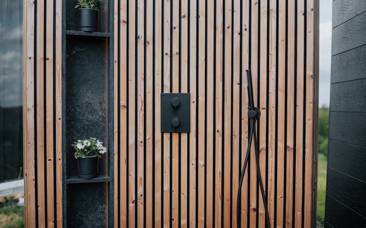 Auroom VelAqua shower lifestyle garden with planters natural foliage