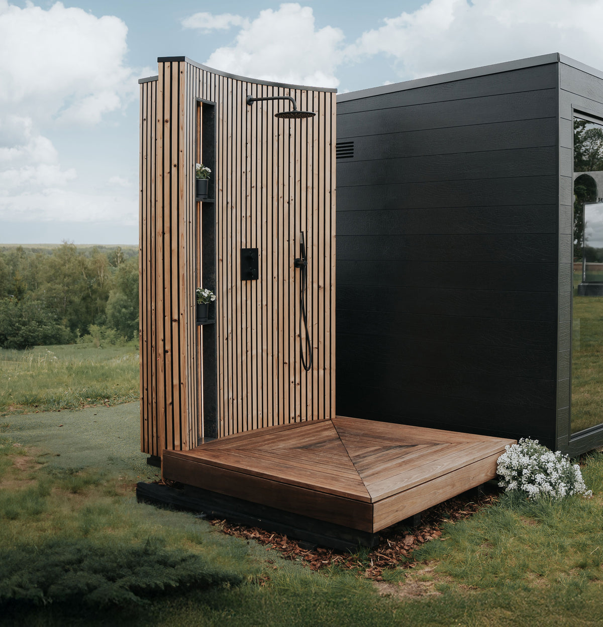 Auroom VelAqua outdoor shower garden lifestyle setting Nordic wellness