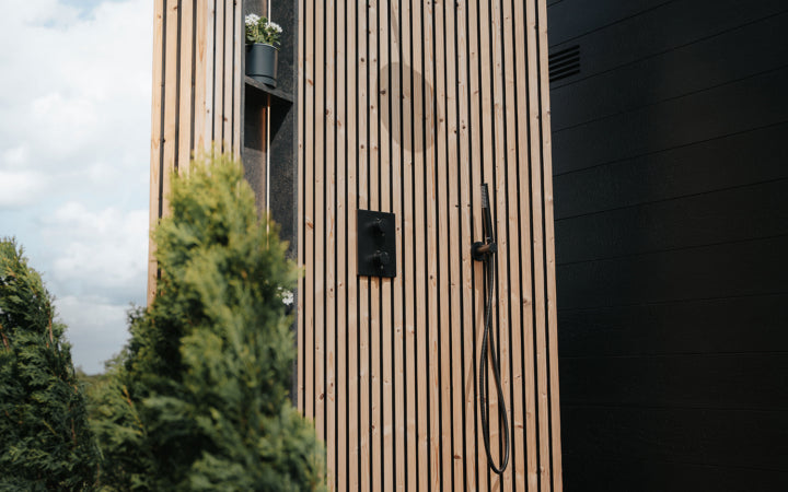 Auroom VelAqua shower from above angle deck garden setting