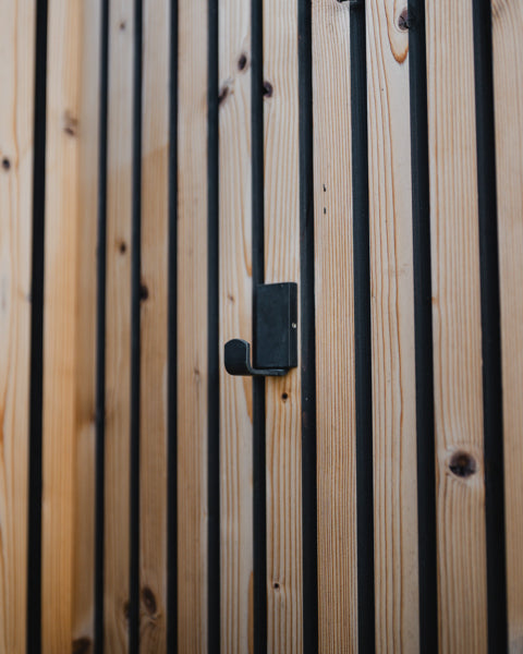Auroom VelAqua outdoor shower narrow profile view minimal design black handle