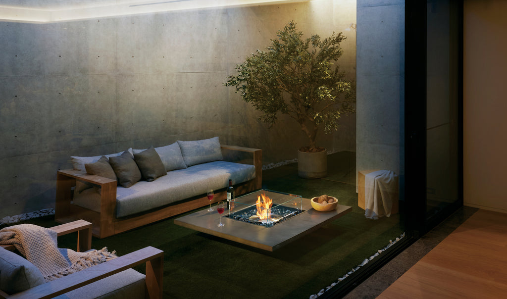 EcoSmart Fire Vertigo 50VL fire table installed on outdoor patio